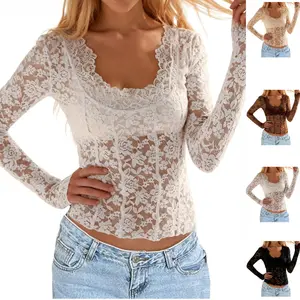 Tanming Womens Mesh Tops Lace Long Sleeve Shirts Slim Fitted Summer Outfits See Through Blouses Springfresh #SpringStatements