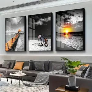 3pcs/set Frameless Canvas Beach Sunrise Paintings Prints Black White Artistic Landscape Pictures Modern Pictures for Bedroom Living Room Home Decoration