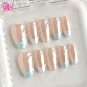 Nude Base Light Blue French Polka Dot Handmade Press-On Nails | Short Almond Shape, 10pcs | Fresh Milky Blue French Tip Design | Glossy Finish with Delicate Polka Dots | Reusable DIY Nail Kit for Women | Trendy Nails for Daily Wear, Party & Spring Outings