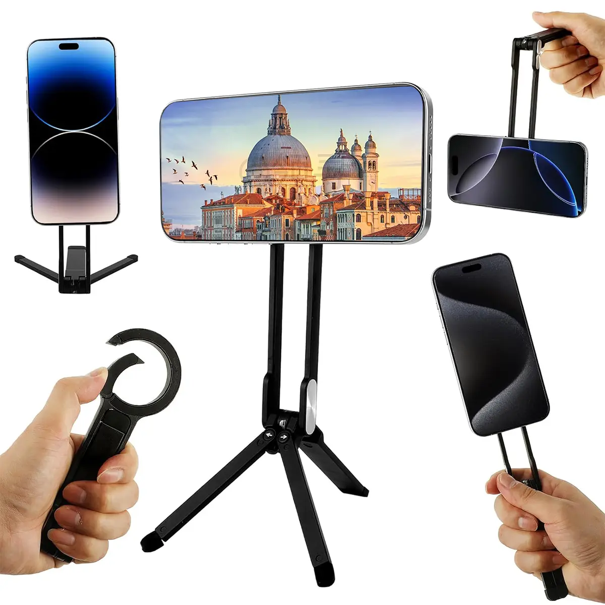 Universal Magnetic Phone Tripod Stand, Foldable Aluminum Alloy Quick Mount with Strong Magnet, Portable Pocket Size for iPhone Android Smartphones, Travel & Daily Vlog Shooting (Black)