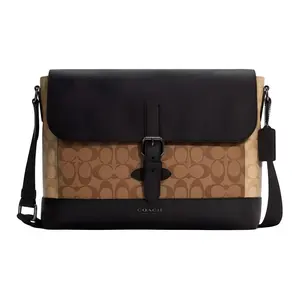COACH Hudson 34 Classic Monogram Adjustable Strap Coated Canvas and Natural Pebbled Leather Crossbody Bag Large Men's