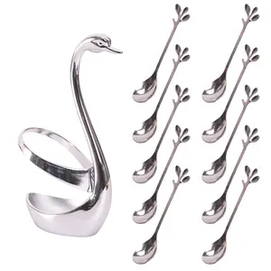 Gold Small Coffee Spoon Holder Set, Swan Base With 10Pcs Demitasse Espresso Spoons Set,4.8" Mini Leaf Dessert Spoon,Stainless Steel Tea Spoons