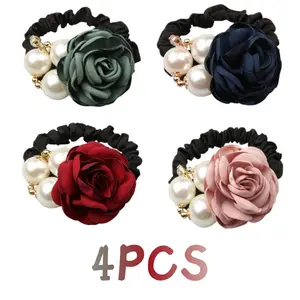 4Pcs Korean Fashion Pearl Hair Rope Rose Flower Rhinestone Hair Ties/ Jewelry Rubber Band