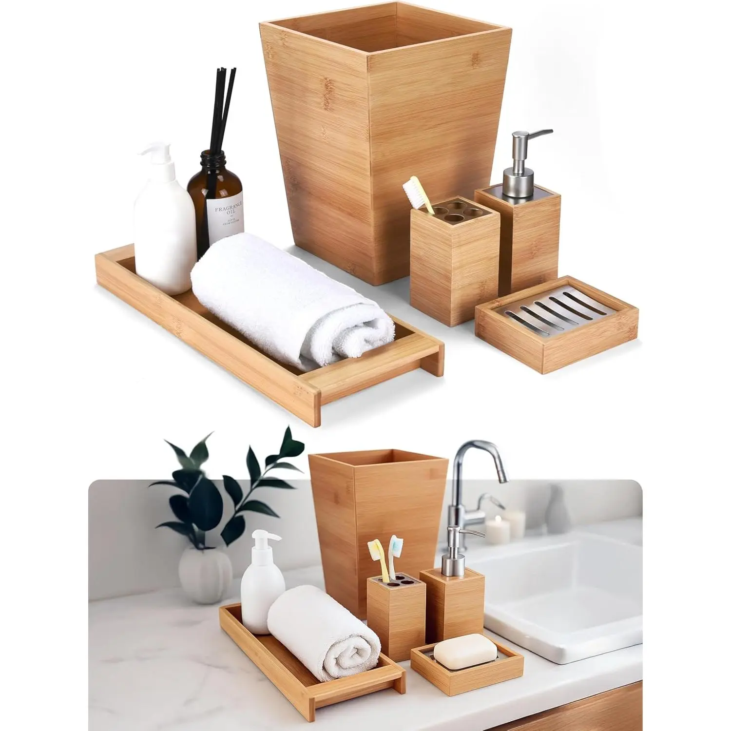 Attractive 5-Piece Eco-Friendly Bathroom Accessory Set - 7x2.5x2.5in Wooden Bamboo Set Includes Toiletry Box, Toothbrush Holder, Liquid Soap Dispenser, Bath Towel Rack (for Restroom)