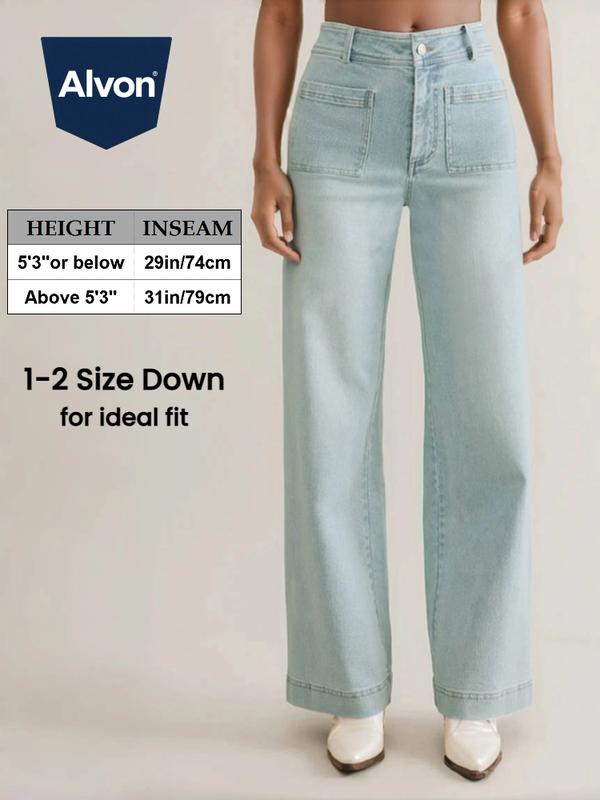 ALVON Women's Stretch Denim Pants Recycled High Waist Wide Leg Jeans Classic Streetwear Comfort Baggy Trouser Maxi Pocket Fitted