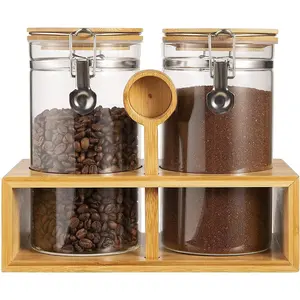 Glass Sugar Coffee Canister for Ground Coffee, 2x45OZ Coffee Containers with Shelf Coffee Station Coffee Bar Accessories Organizer Decor,  Storage Jar with Coffee Scoop for Kitchen