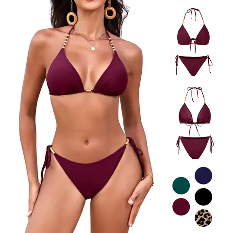 UMIPUBO Women's Triangle Bikini Set Halter Neck Beaded Straps Tie Side Golden ball chain Two Piece Swimsuit Ladies Swimwear