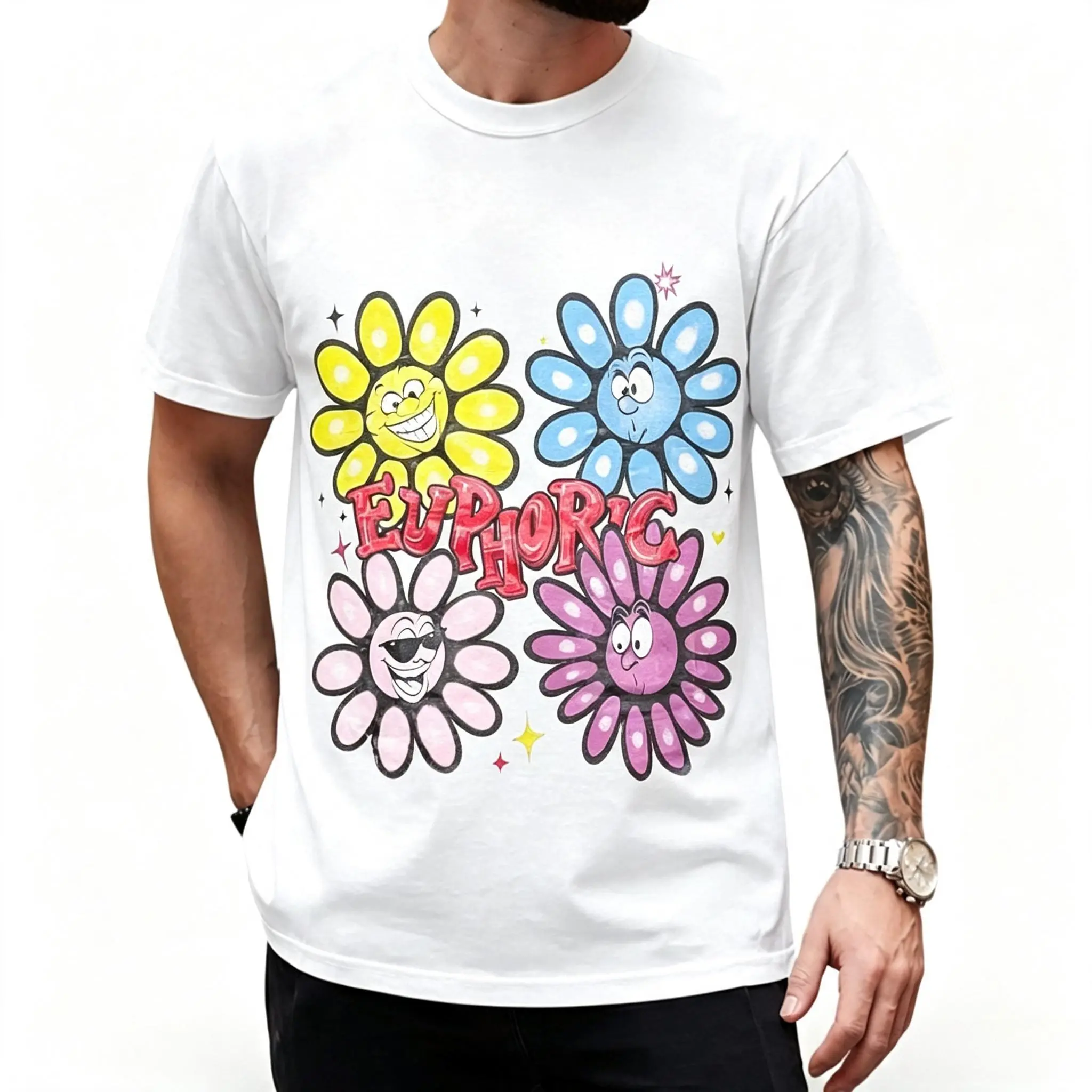 Oversized Crew Neck T Shirt With Retro Cartoon Smiling Flower Graphic Euphoric Text Print Casual Daily Wear Short Sleeve T Shirt For Men Women