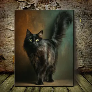 1pc Framed Canvas Painting - Elegant Black Cat with Long Hair & Tail, Modern Classic Home Decor - Ready-to-Hang Wall Art for Living Room, Office, Kitchen, Bathroom - Perfect Gift for Cat Lovers, Interior Design, Artistic Print, Durable Artwork, Decor
