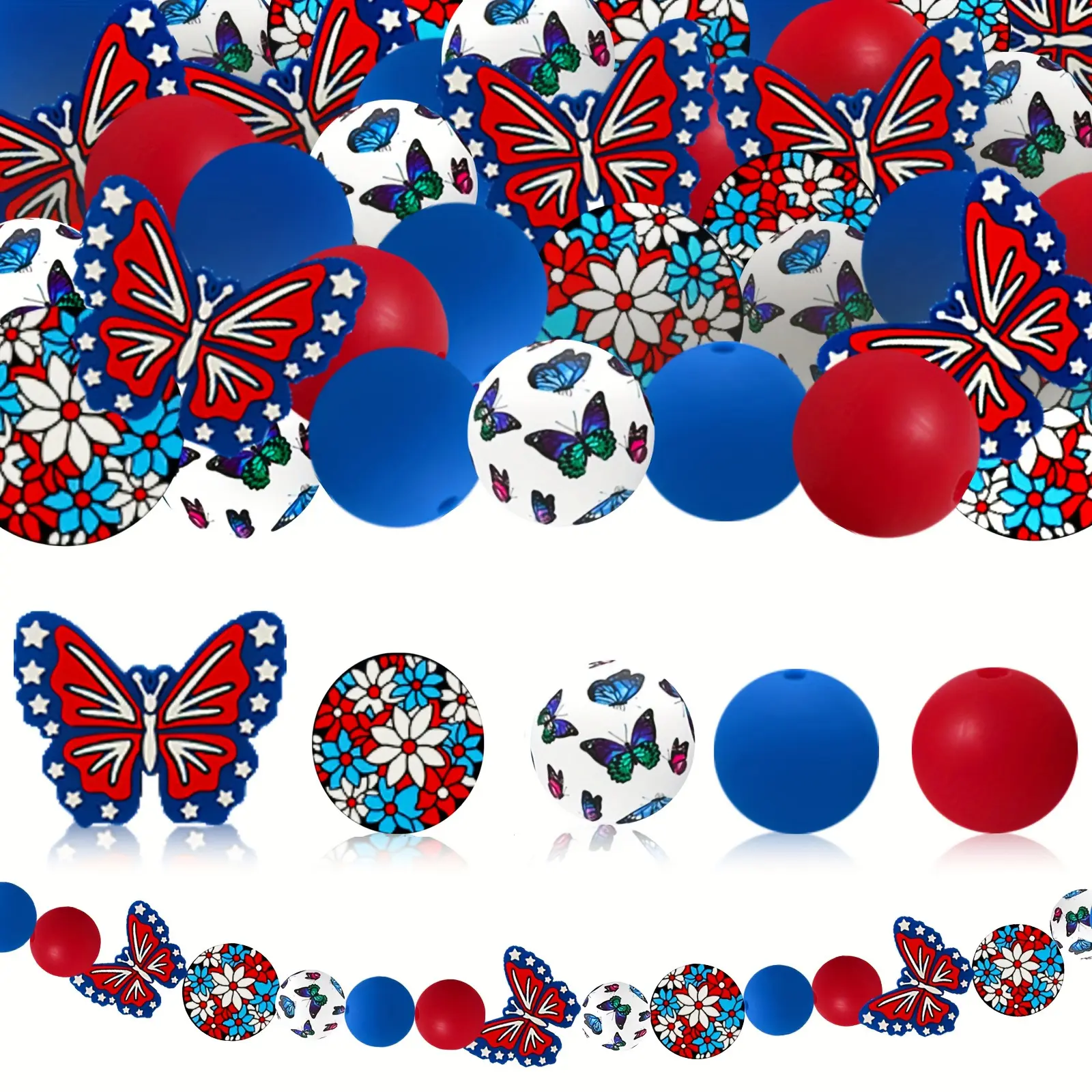 25 pieces of blue and red butterfly flower beaded beads - butterfly round beads are used for DIY beaded pen keychains, jewelry, bracelets, pendants, decorations and handicrafts for Presidents' Day and Independence Day.