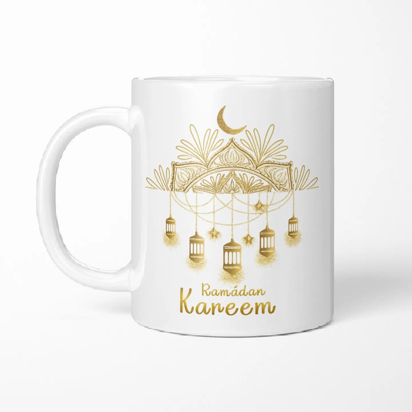 Elegant Ramadan Kareem Mug: Golden Artistic Lanterns & Mosque Line Art, Luxury Aesthetic Coffee Cup, Premium Islamic Holiday Gift for Family.