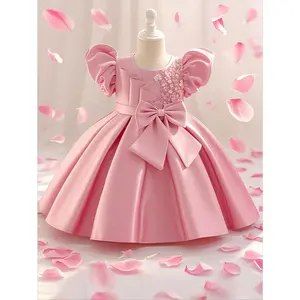Kids' Birthday Princess Dress |   , Short Sleeve, Crew Neck, Solid Color, Non-Stretch Fabric, Bamboo Rayon Material, Suitable for All Seasons