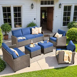 weaxty Gem 6-Piece Wicker Patio Sofa Conversation Set with Blue Cushions