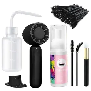 Buqikma Lash Cleaning Kit - Lash Shampoo 60ML with Rechargeable Handheld Fan Dryer, Mascara Brush, Rinse Bottle, Makeup Cleansing Foam for Eyelash Extension Care, Black