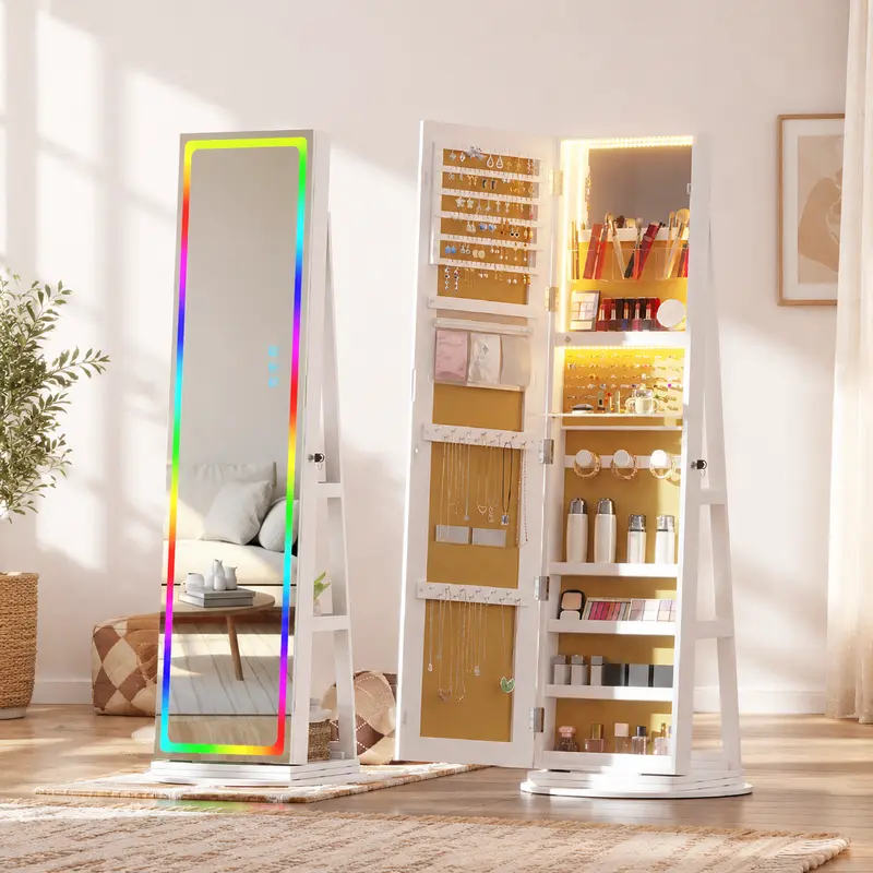 Vlsrka Lockable 360° Swivel Modern Acrylic Mirror Jewelry Cabinet, Standing Jewelry Armoire with Safety Lights, Frameless Mirror Storage, Foldable Makeup Shelf, Interior Shelves, Gift for Women