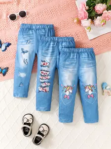 Ready Stock 6M-3Y Baby Girl Denim Pants 3-Pack Adorable Butterfly/Unicorn/Leopard Patch Designs,Soft Elastic Waist Toddler Bottoms 22410005