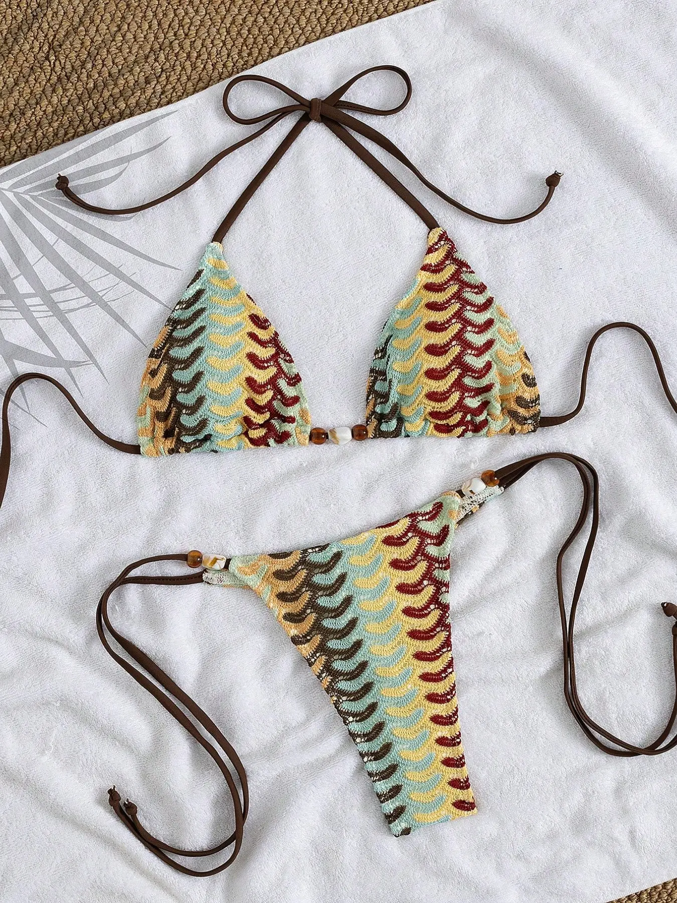 Vintage Bohemian Crochet Bikini Set, Shell Beaded Embellished, Adjustable Straps, Tie Side Bikini, Tropical Beach Vacation Swimsuit, Summer Beach Bikini for Women