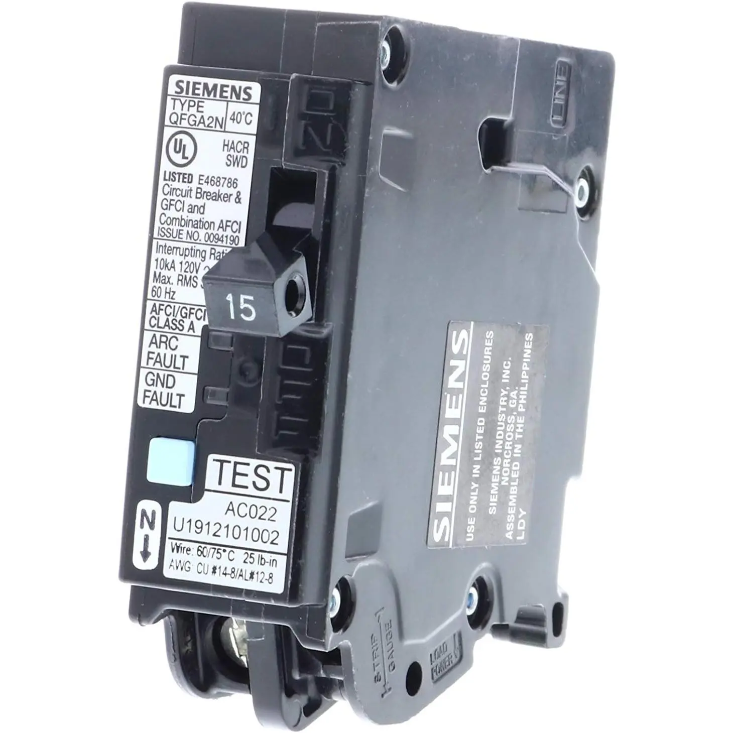 Siemens QP Q115DFN Genuine OEM Part 15A Rating Single-Pole 120V Dual-Function AFCI/GFCI Circuit Breaker, 10 KAIC, for Bathrooms, Arc Fault Protection