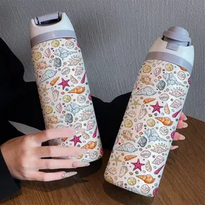 32oz Dual-Function Sports Water Bottle with Colorful Ocean Shell Print, 304 Stainless Steel Vacuum Flask, Insulated for Hot & Cold Drinks, Perfect Gift for Ladies and Family