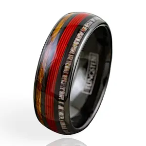 Moose Antler, Red Fishing Line, Whiskey Wood Ring Male Anniversary Ring