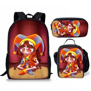 Durable Water Resistant 3-Piece Backpack Set for Kids, Lightweight School Bag with Lunch Box & Pencil Case, Vibrant Digital Circus Cartoon Print, Comfortable Breathable Padded Straps, Large Capacity for 15-inch Laptop, Ideal for School, Travel & Daily Use