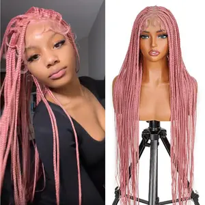 36 inch Full Lace Knotless Pink Box Braided Wig for Black Women - Full Lace Knotless Braided Wigs Pre Plucked with Baby Hair