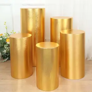 5-Piece Metallic Gold Spandex Cylinder Pedestal Stand Covers, Shiny Stretchable Pillar Prop Dust Covers for Home Supplies - 130 GSM