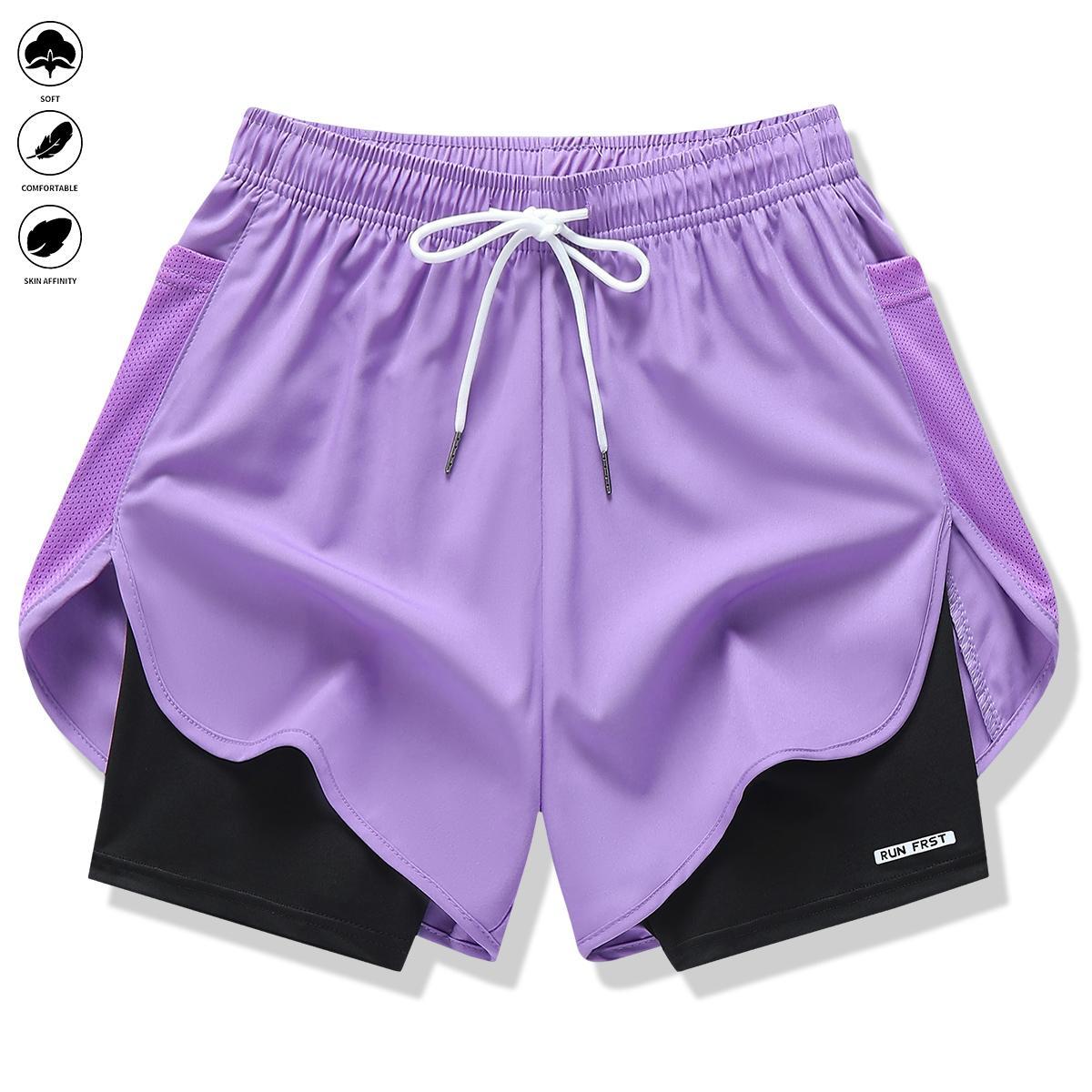 Pack of 3 Women’s casual athletic pants, Faux two-piece design, Solid color with inner lining, elastic drawstring waistband, suitable for outdoor fitness, running, sports, and casual wear, women’s shorts