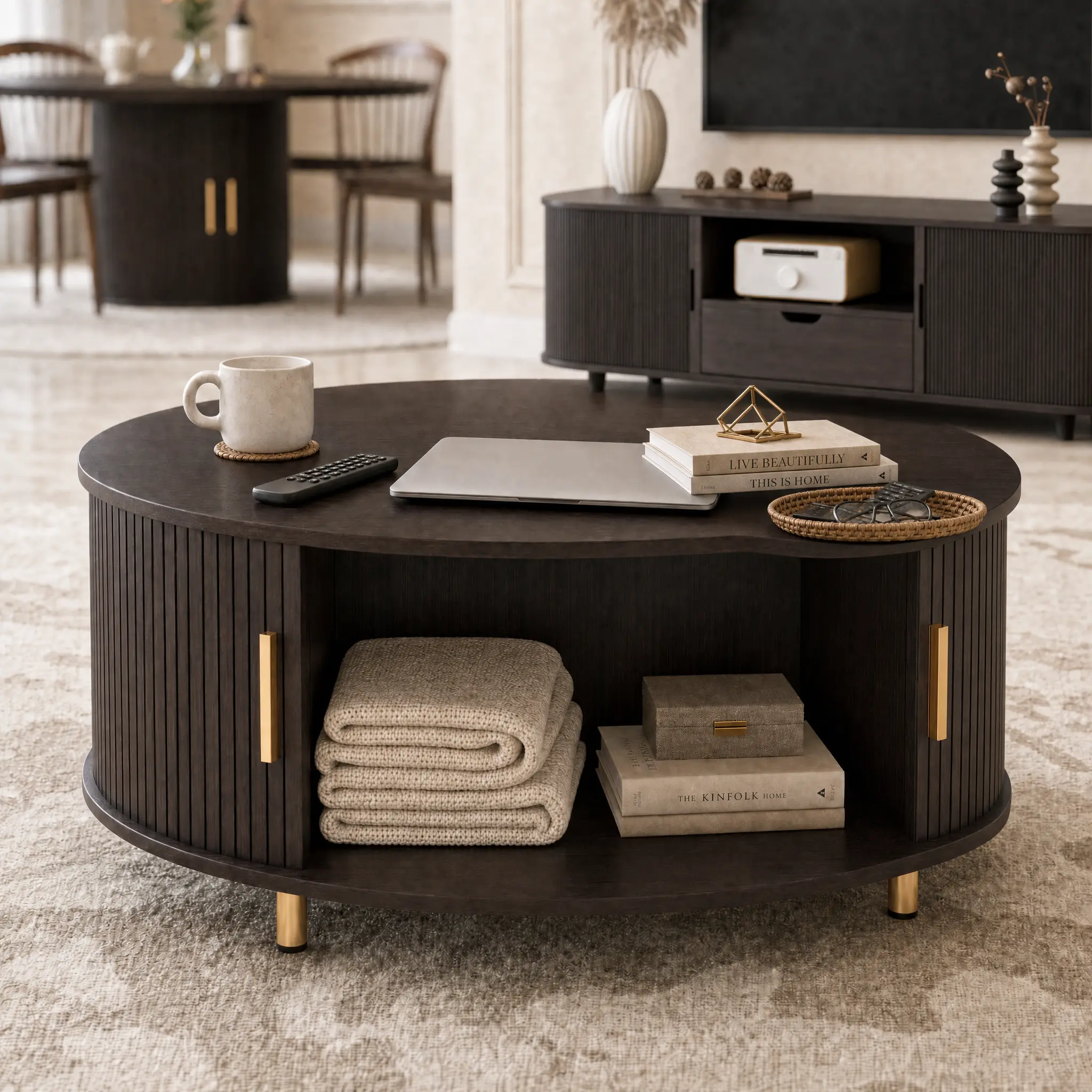 【Deals 】DHH Round Coffee Table (31.5"), Mid-Century Center Table with Tambour Sliding Doors & Hidden Storage. For Living Room. Perfect for Modern Homes to Effortlessly Hide Clutter & Keep Your Space Clean and Aesthetic.（Dark Walnut）