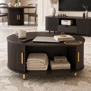 【Deals 】DHH Round Coffee Table (31.5"), Mid-Century Center Table with Tambour Sliding Doors & Hidden Storage. For Living Room. Perfect for Modern Homes to Effortlessly Hide Clutter & Keep Your Space Clean and Aesthetic.（Dark Walnut）