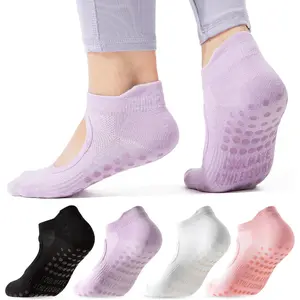 COOLMATE Pilates Socks with Grips for Women, Yoga Socks, Crew Non Slip Socks Women for Workout, Barre, Pilates Gifts(4 Pairs) (US, Numeric, 6, 10, Regular, Regular, Pink/White/Light Purple/Black)