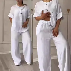 2025 Women's Comfortable Loose Top & Wide-Leg Pants Casual Cotton Linen Set Yoga Fitness Outfit in White for Womenswear and Basic Suits