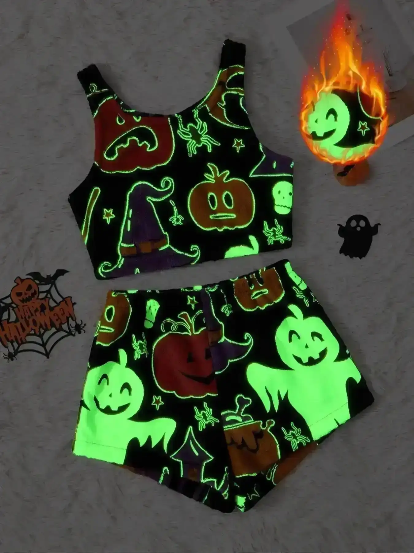 Thermal Pajama Suit, Halloween Flannel Pajama Set, Glowing Pumpkin & Ghost Print Tank Top & Elastic Waist Shorts, Winter Nightwear, Basic, Coord, Versatile, Comfort, Wear, Style, Outfit, Essential, Trendy, Chic