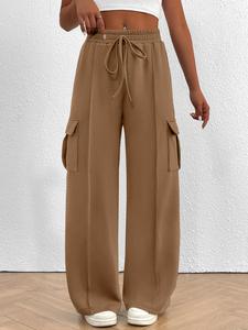 【plus size】solid drawstring waist cargo pants, casual elastic waist pocket trousers for women, pants for women, fashion casual stretchy womenswear, drawstring loose fit baggy legged pants, wide legged pants, clothes, casual fashion pants