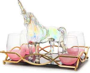 The Wine Savant Iridescent Unicorn Wine and Whiskey Decanter Set with Multicolor Glass Utensils - Kitchenware Bar & Wine Utensils Bar Sets Glass Utensils