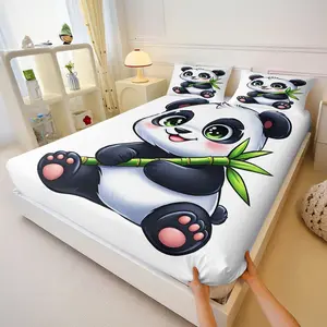 Kawaii Panda Bamboo F Fitted Sheet, Ultra-Soft Microfiber Cute Animal Bedding Set, Cartoon Panda Print Bed Linen Gift for Panda Lovers Kids
