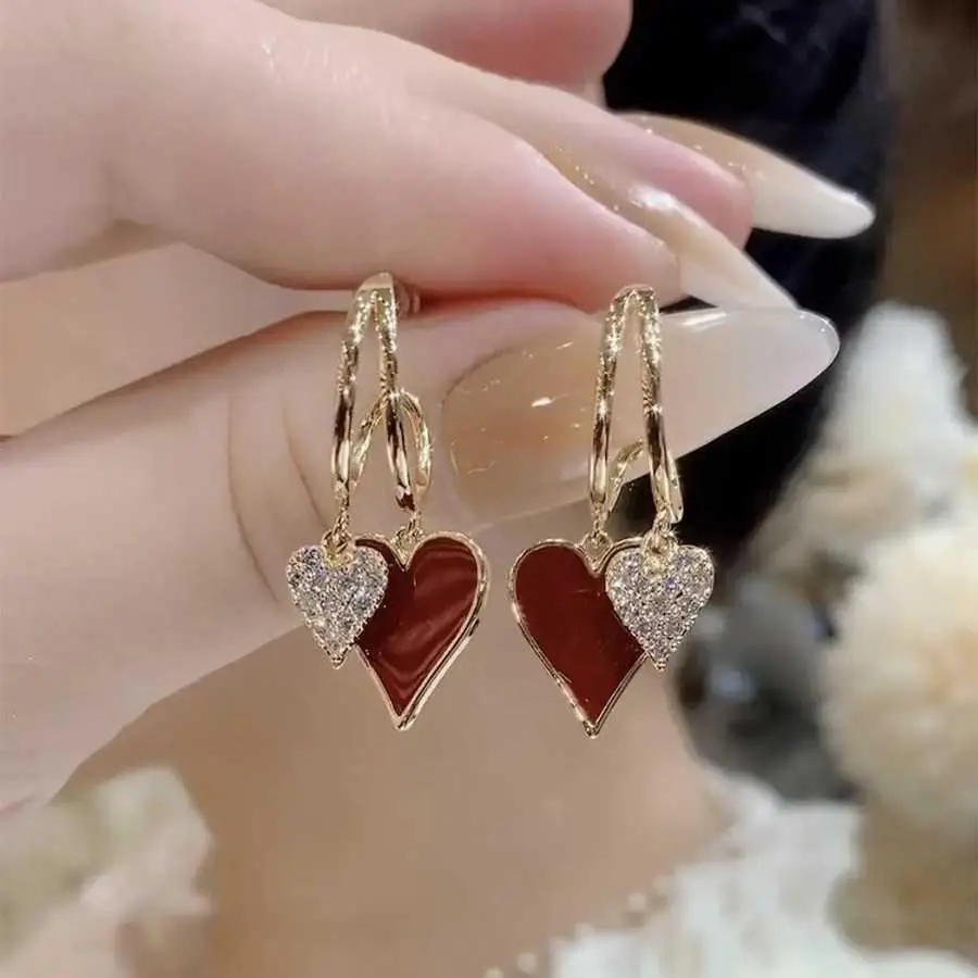 Premium-Look Red Heart Earrings Fashionable Elegant Silver-Post Studs Influencer Socialite Light- Heart Jewelry for Women HNAN80