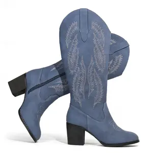 Cowboy Boots For Women Retro Classic EmbroideredWestern Boots Stacked Jeans Cowgirl Boots with Chunky Block Heel Pull On Side Zipper Round Toe Mid Calf Boots