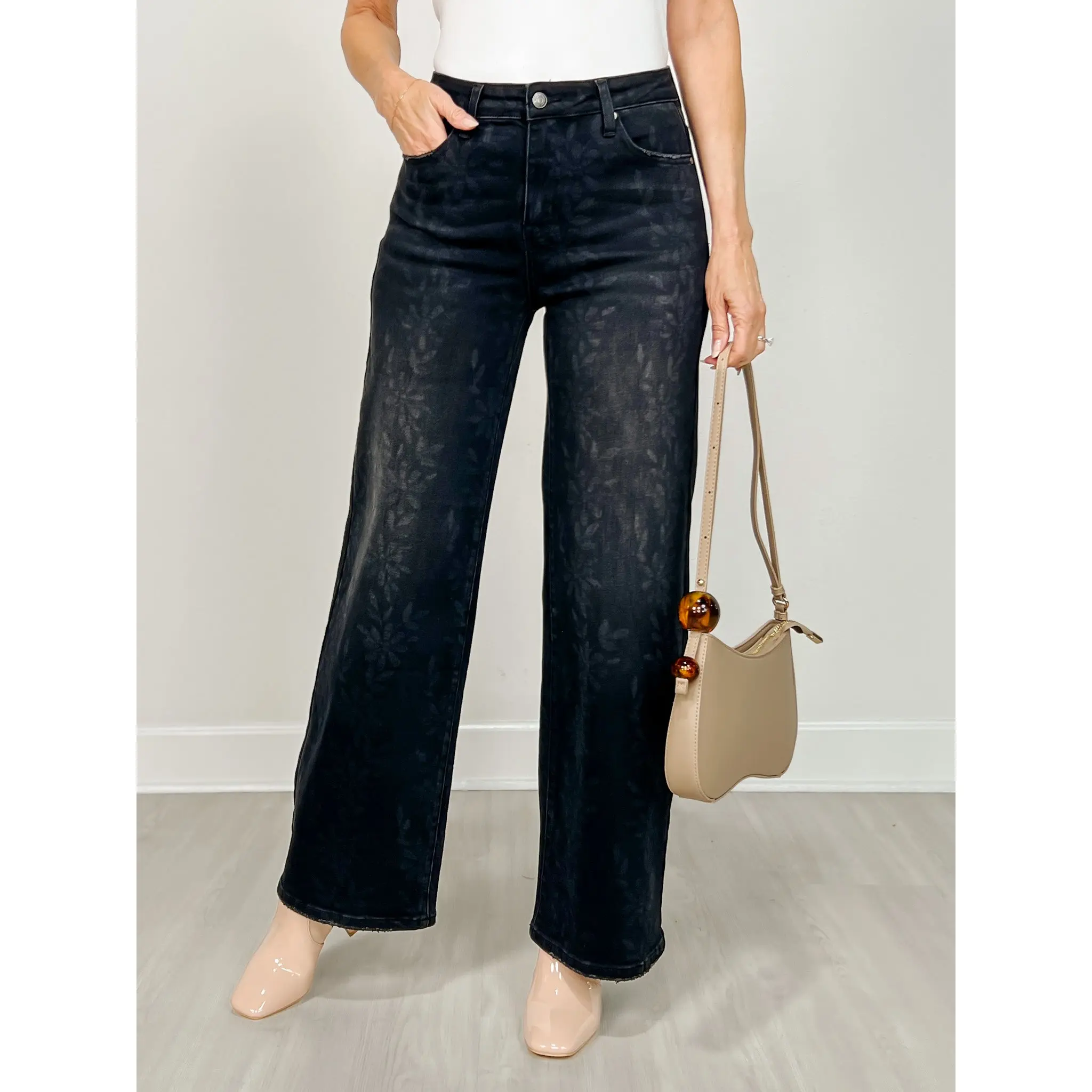 Daisy Digital Laser Print Stretch Wide Leg Jeans