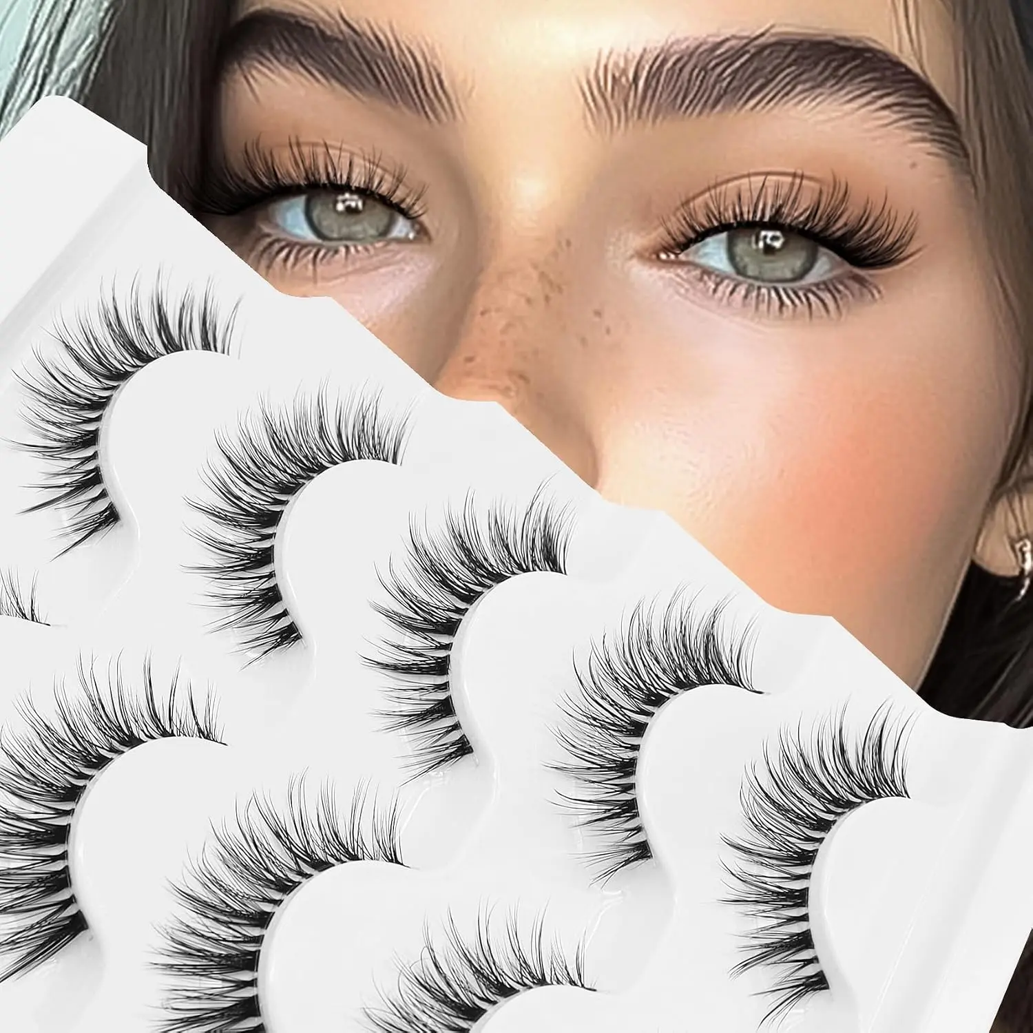 Cat Eye False Eyelashes, Wispy Lash Strips, 7-14mm B Curl Clear Band, Natural Look, Reusable Fake Lashes, 5 Pairs