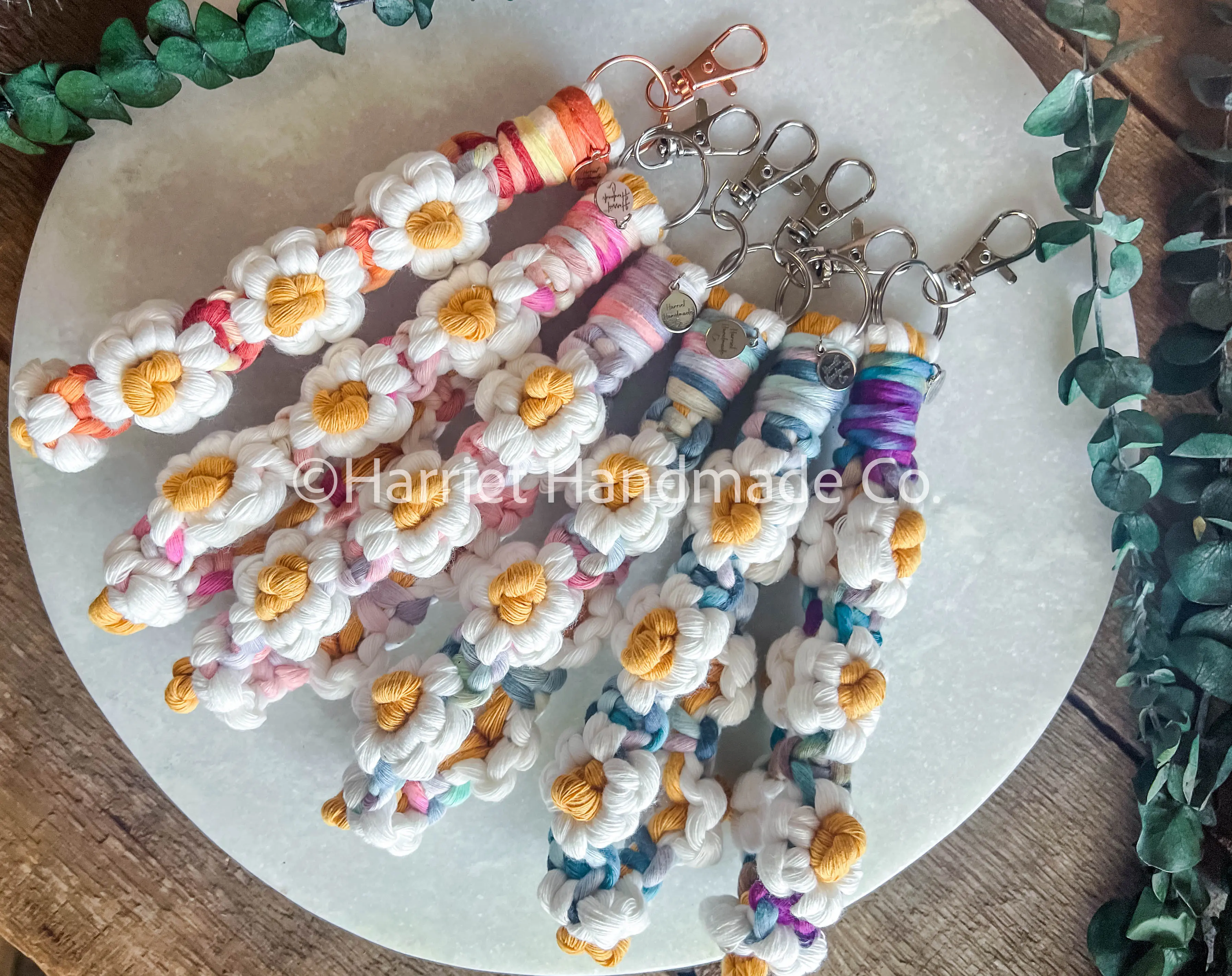 Handmade Tie Dye Daisy Chain Flower Macrame Wristlet Key Chain Clip | bohemian boho accessories bridesmaid gift idea sunflower floral cottagecore