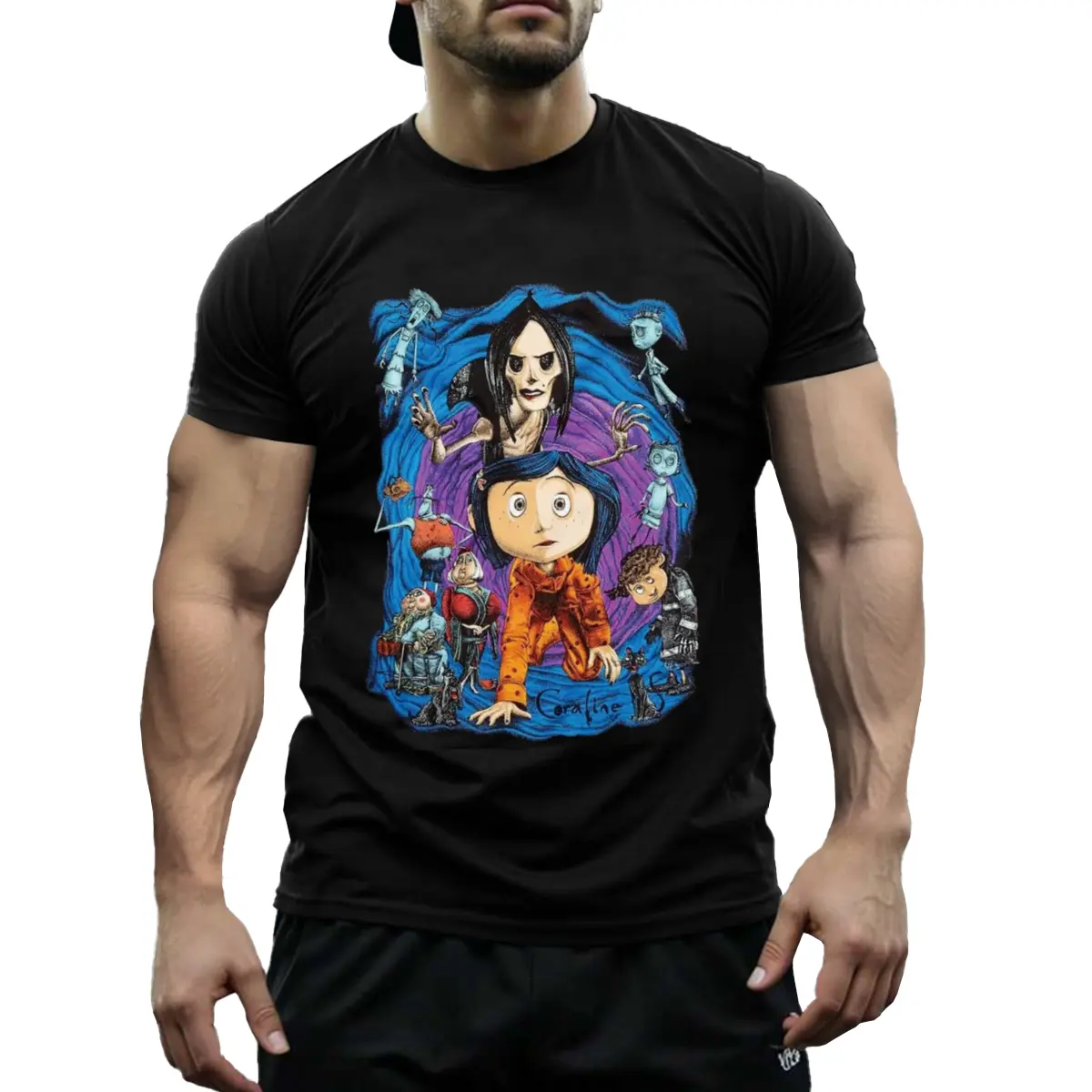 Menswear Coraline Character Round Neck Short-Sleeve Cotton Casual Streetwear T-Shirt, Available in S-3XL Sizes for Men and Women