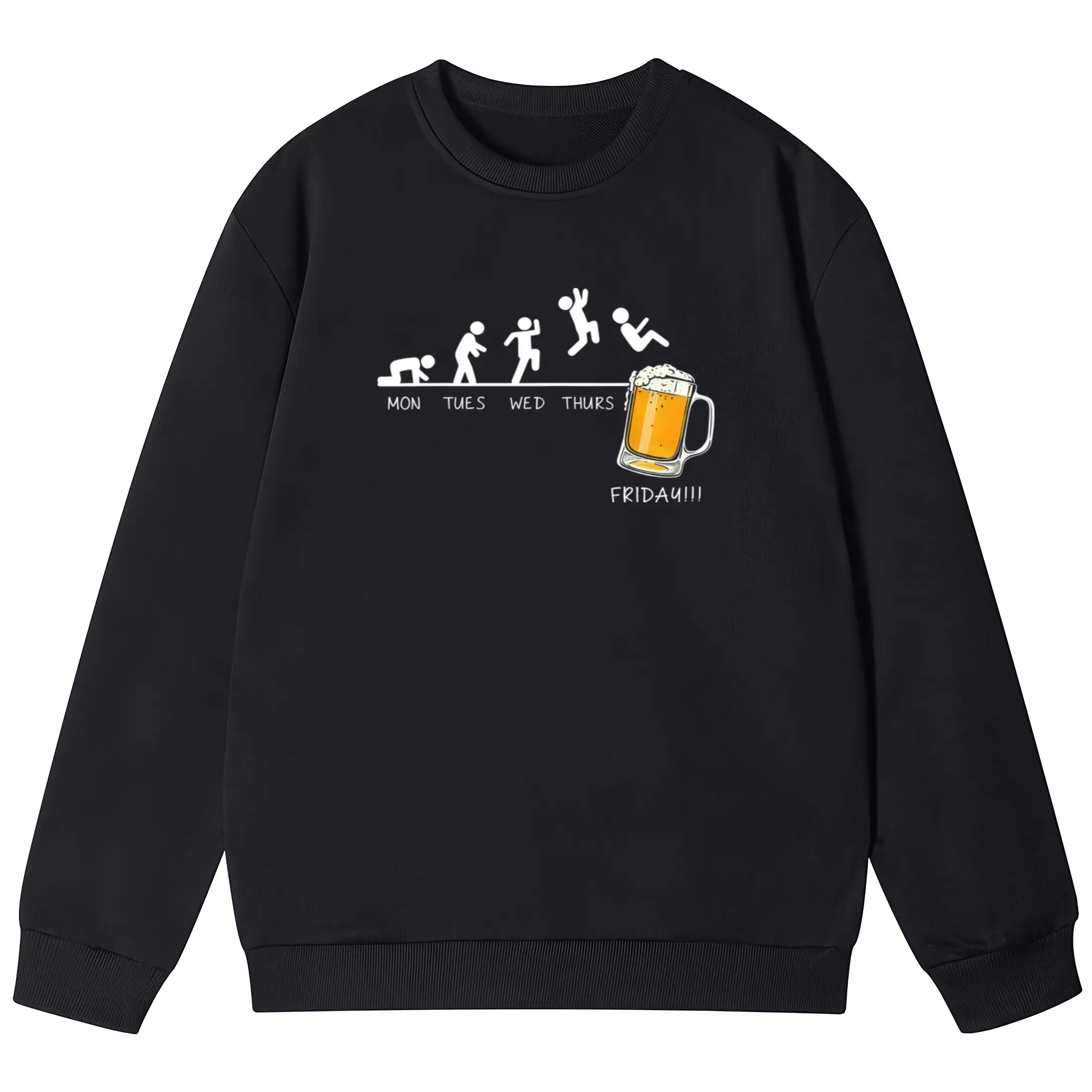 Funny Long Sleeve Sweatshirt for Men – Weekday Evolution with Friday Beer Mug Graphic, Perfect for Office and Summer Casual Wear