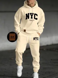 Men's Letter Print Hoodie Set, Kangaroo Pocket Drawstring Hooded Sweatshirt + Waistdrawstring Sports Pants 2 Piece Set, Fall & Winter Casual Fashion, Streetwear Tracksuit Set