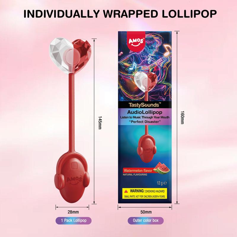 AMOS TastySounds Audio Lollipop Candy Gift – Heart-Shaped Music Lollipop, Sweet Strawberry & Berry Flavors, Cute Tech Candy, Romantic Creative Gift, Individually Wrapped Surprise