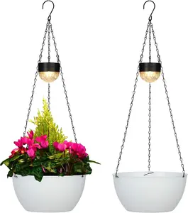 2 Packs Solar Hanging Basket Planters for  Outdoor, Self Watering White Flower  Pots with Solar Light Drainer for Balcony Patio Garden Outdoor Decoration
