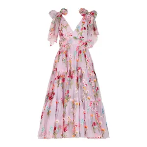 Margaret Floral Embroidered Midi Dress Pink