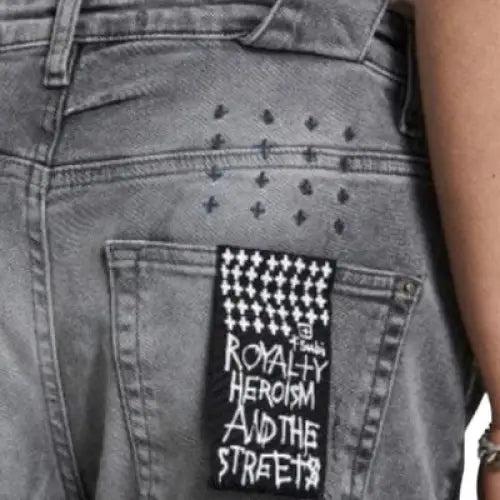 Ksubi Chitch Prodigy Trashed Denim Mid Rise Slim Fit Jean with Smokey Grey Wash Knee Trashing 4x4 Embroidery 99% Cotton 1% Elastane Below The Ankle