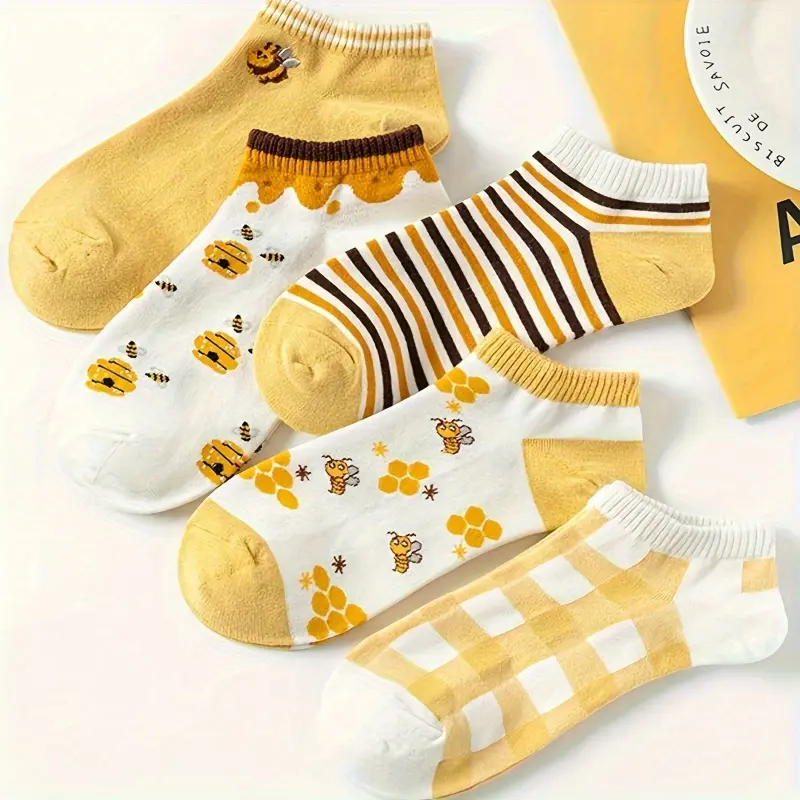 Women's High-Quality Low-Waist Ankle Socks, 5-Pack Mixed Color, Cute Bee Print, Casual Style, Ideal for Holiday Gifting, Mixed Color 5 Pack, Five Pairs Pack
