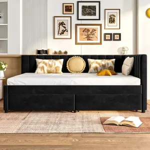 Velvet Upholstered Full Size Daybed with Storage Drawers, L-Shaped Headboard Corner Bed Frame, Full Size Bed Frames for Living Room, Daybeds for Adults